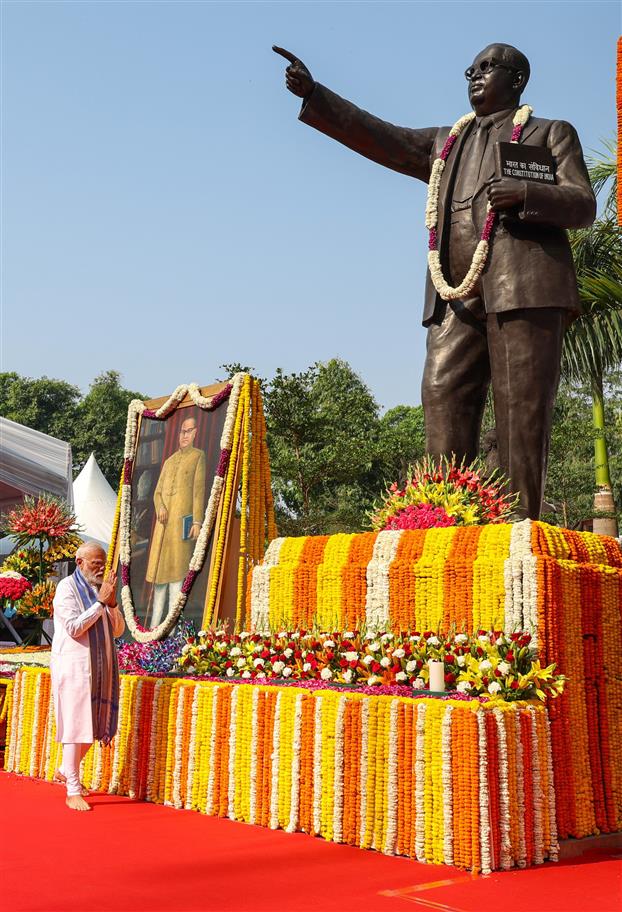 PM pays tribute to Dr. B R Ambedkar on his birth anniversary at the Parliament House Complex, in New Delhi on April 14, 2025.