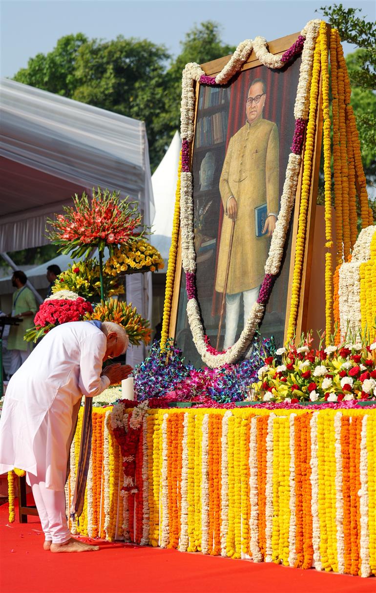 PM pays tribute to Dr. B R Ambedkar on his birth anniversary at the Parliament House Complex, in New Delhi on April 14, 2025.