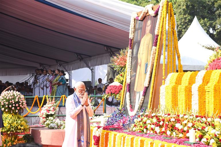 PM pays tribute to Dr. B R Ambedkar on his birth anniversary at the Parliament House Complex, in New Delhi on April 14, 2025.