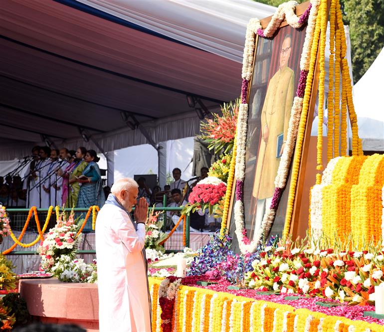 PM pays tribute to Dr. B R Ambedkar on his birth anniversary at the Parliament House Complex, in New Delhi on April 14, 2025.