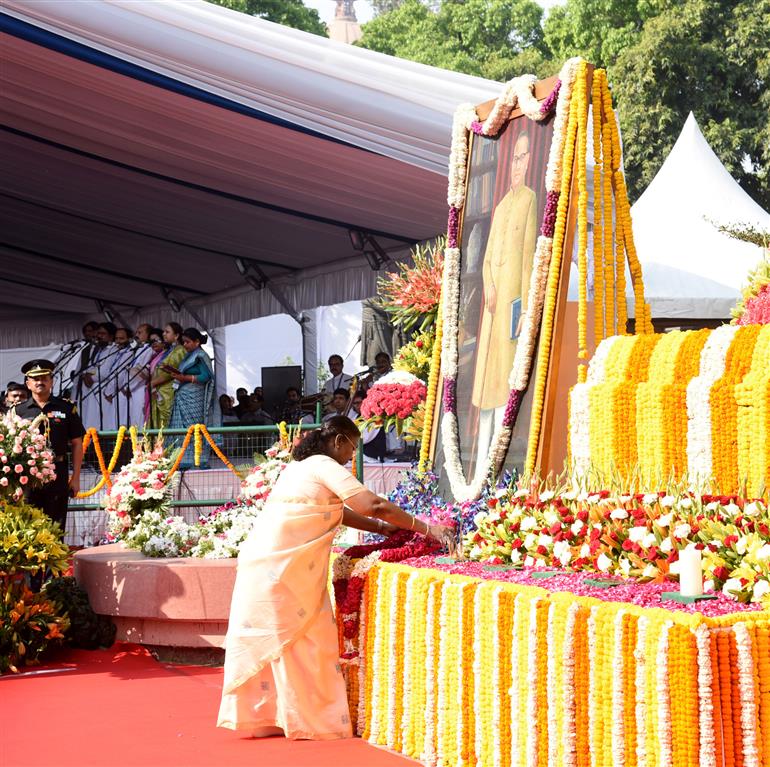 The President of India, Smt. Droupadi Murmu paid floral tributes to Babasaheb Dr B.R. Ambedkar on his birth anniversary at Prerna Sthal, Samvidhan Sadan in New Delhi on April 14, 2025.