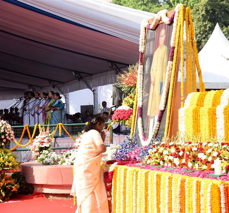 The President of India, Smt. Droupadi Murmu paid floral tributes to Babasaheb Dr B.R. Ambedkar on his birth anniversary at Prerna Sthal, Samvidhan Sadan in New Delhi on April 14, 2025.