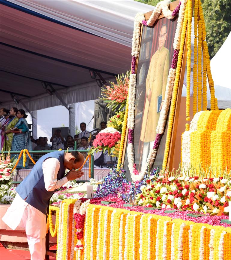 The Lok Sabha Speaker, Shri Om Birla paid tributes to Babasaheb Dr B.R. Ambedkar on his birth anniversary at Prerna Sthal, Samvidhan Sadan in New Delhi on April 14, 2025.
