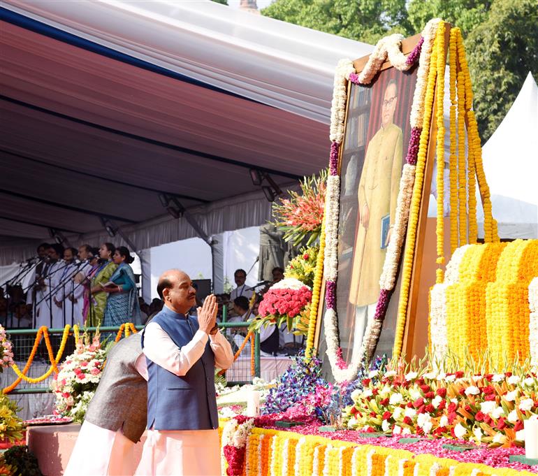 The Lok Sabha Speaker, Shri Om Birla paid tributes to Babasaheb Dr B.R. Ambedkar on his birth anniversary at Prerna Sthal, Samvidhan Sadan in New Delhi on April 14, 2025.