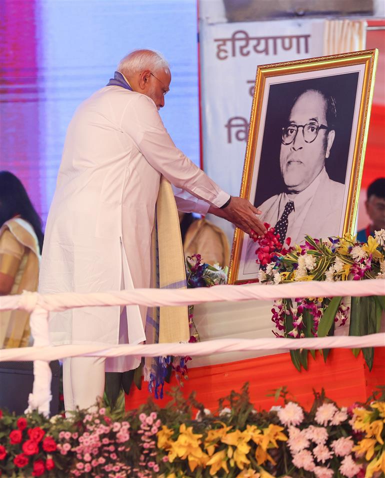 PM paid floral tributes to Babasaheb Dr B.R. Ambedkar on his birth anniversary, in Haryana on April 14, 2025.