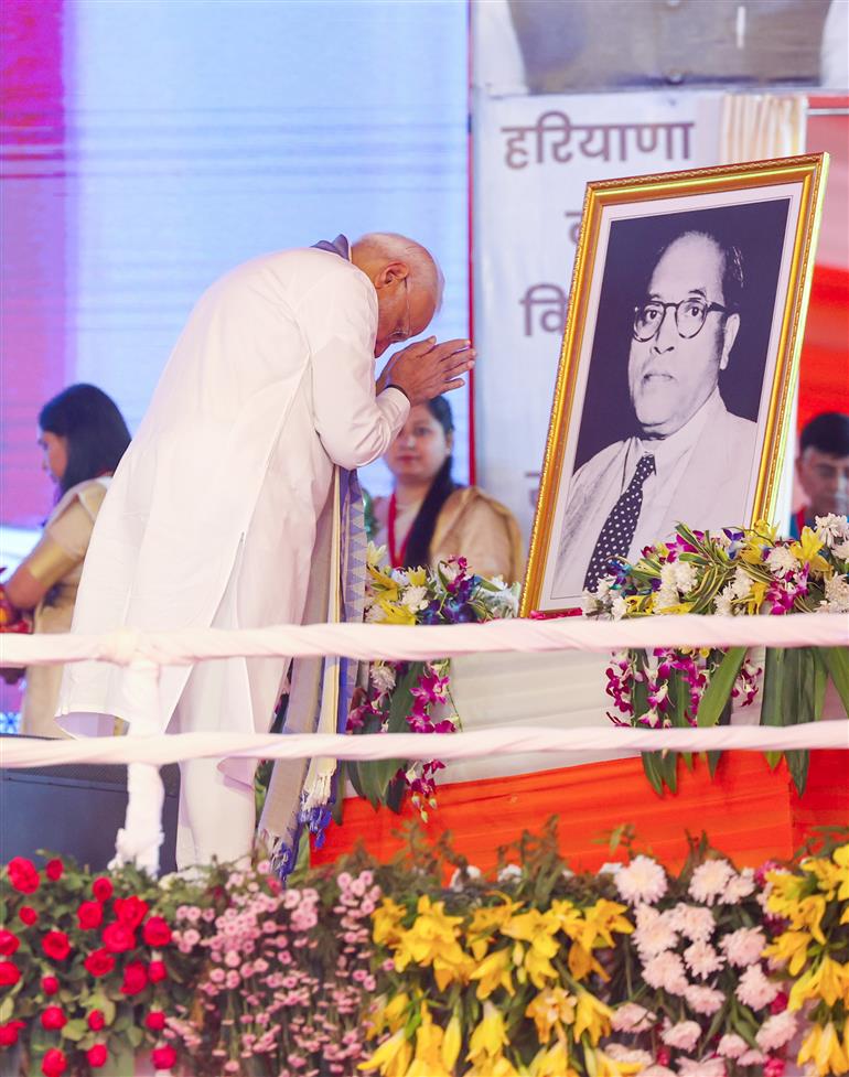 PM paid floral tributes to Babasaheb Dr B.R. Ambedkar on his birth anniversary, in Haryana on April 14, 2025.