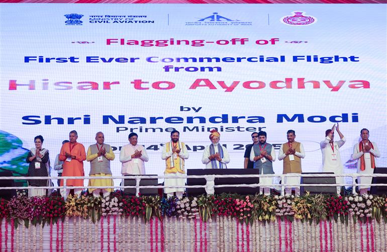 PM lays the foundation stone of new terminal building of Hisar airport, in Haryana on April 14, 2025.