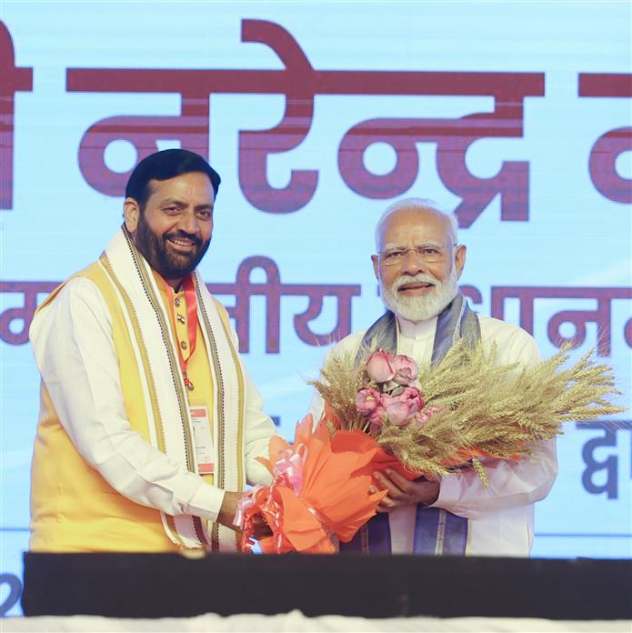 PM at foundation stone laying of new terminal building of Hisar airport, in Haryana on April 14, 2025.