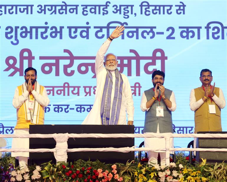 PM at foundation stone laying of new terminal building of Hisar airport, in Haryana on April 14, 2025.