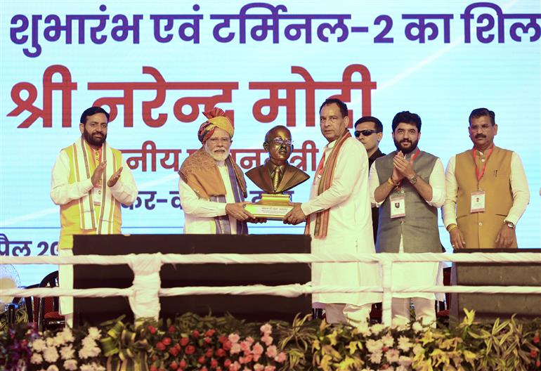 PM at foundation stone laying of new terminal building of Hisar airport, in Haryana on April 14, 2025.