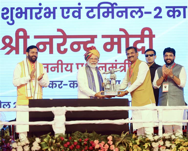 PM at foundation stone laying of new terminal building of Hisar airport, in Haryana on April 14, 2025.