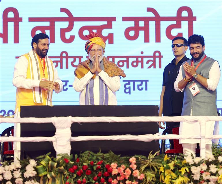 PM at foundation stone laying of new terminal building of Hisar airport, in Haryana on April 14, 2025.