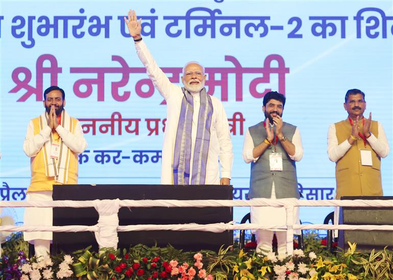 PM at foundation stone laying of new terminal building of Hisar airport, in Haryana on April 14, 2025.