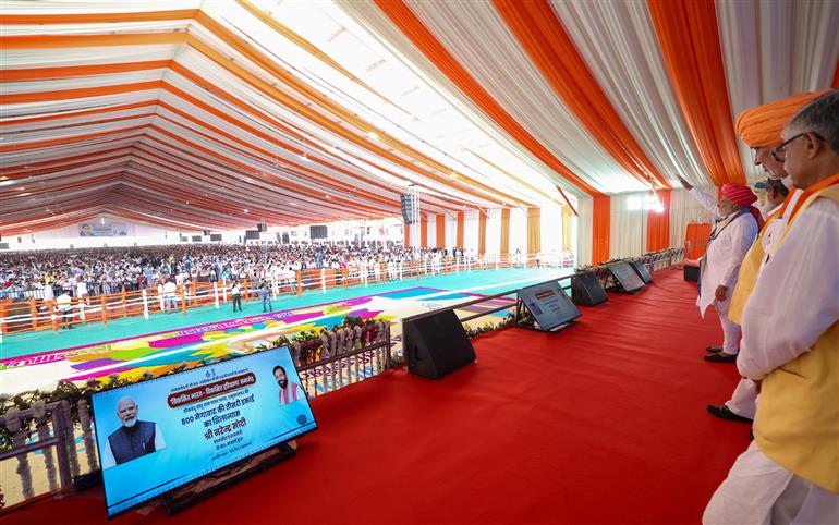 PM at the launch of development works in Yamuna Nagar, Haryana on April 14, 2025.