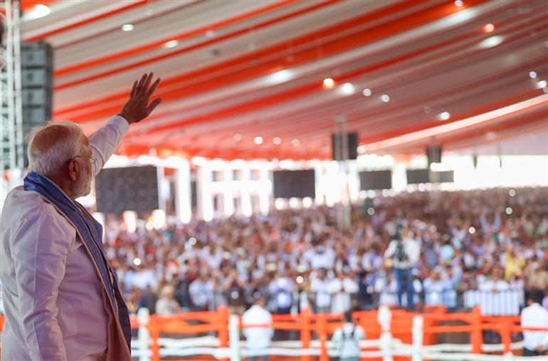 PM at the launch of development works in Yamuna Nagar, Haryana on April 14, 2025.