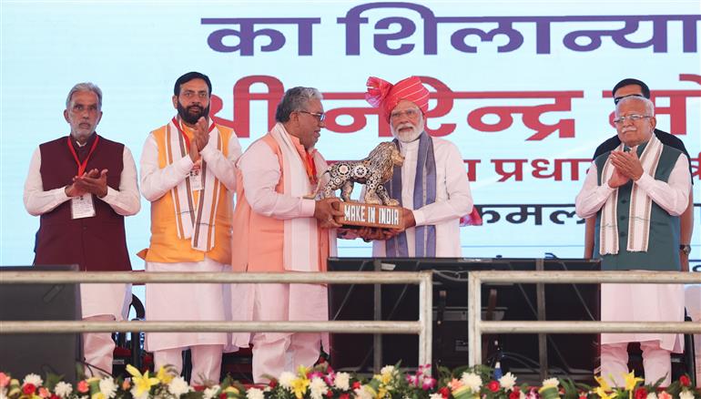 PM at the launch of development works in Yamuna Nagar, Haryana on April 14, 2025.