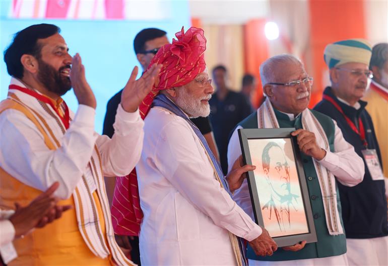 PM at the launch of development works in Yamuna Nagar, Haryana on April 14, 2025.