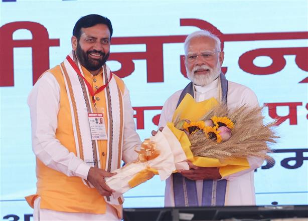 PM at the launch of development works in Yamuna Nagar, Haryana on April 14, 2025.