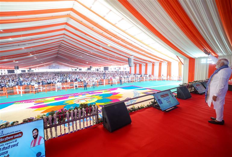 PM at the launch of development works in Yamuna Nagar, Haryana on April 14, 2025.