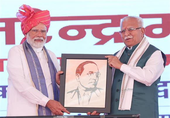 PM at the launch of development works in Yamuna Nagar, Haryana on April 14, 2025.