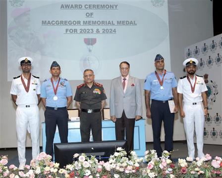 The Chief of Defence Staff General Anil Chauhan felicitated four individuals from the Armed Forces for their outstanding contributions in the fields of military reconnaissance, exploration and adventure activities during the MacGregor Memorial Medal Award Ceremony held at the United Service Institution of India, in New Delhi on April 16, 2025.