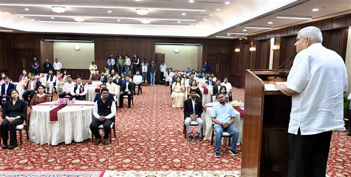 The Vice President of India, and Chairman, Rajya Sabha, Shri Jagdeep Dhankhar addressing the Valedictory Function of the 6th Rajya Sabha Internship Program at Vice-President’s Enclave, in New Delhi on April 17, 2025.