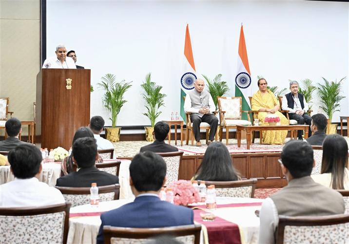 The Vice President of India, and Chairman, Rajya Sabha, Shri Jagdeep Dhankhar addressing the Valedictory Function of the 6th Rajya Sabha Internship Program at Vice-President’s Enclave, in New Delhi on April 17, 2025.