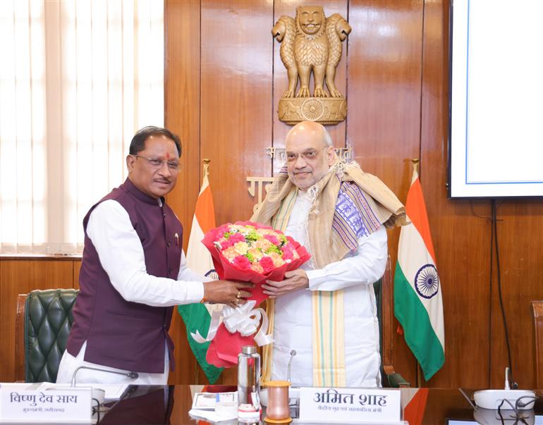 The Union Minister for Home Affairs and Cooperation, Shri Amit Shah holds a review meeting with the Chief Minister of Chhattisgarh, Shri Vishnu Deo Sai on the implementation of three New Criminal Laws in the State, in New Delhi on April 21, 2025.