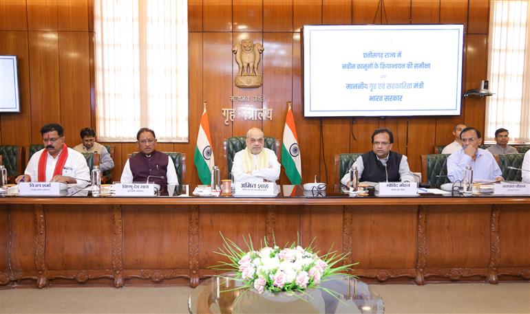 The Union Minister for Home Affairs and Cooperation, Shri Amit Shah holds a review meeting with the Chief Minister of Chhattisgarh, Shri Vishnu Deo Sai on the implementation of three New Criminal Laws in the State, in New Delhi on April 21, 2025.