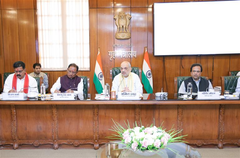 The Union Minister for Home Affairs and Cooperation, Shri Amit Shah holds a review meeting with the Chief Minister of Chhattisgarh, Shri Vishnu Deo Sai on the implementation of three New Criminal Laws in the State, in New Delhi on April 21, 2025.