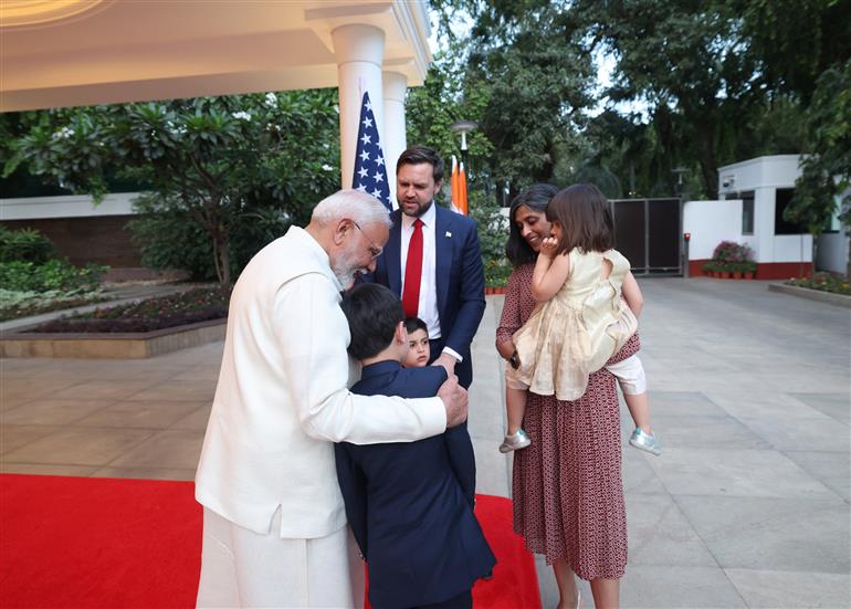 PM welcomes the Vice President of the United States, Mr. JD Vance, Second Lady Usha Vance and their children at his residence, in 7 Lok Kalyan Marg, New Delhi on April 21, 2025.