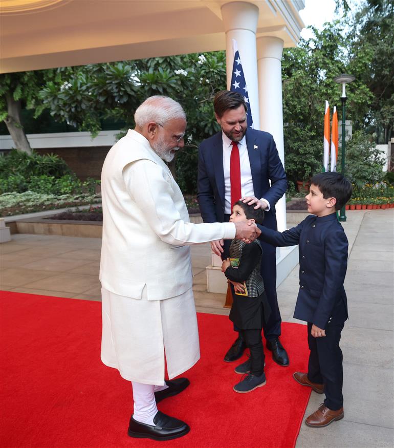 PM welcomes the Vice President of the United States, Mr. JD Vance, Second Lady Usha Vance and their children at his residence, in 7 Lok Kalyan Marg, New Delhi on April 21, 2025.
