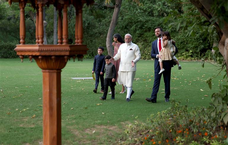 PM welcomes the Vice President of the United States, Mr. JD Vance, Second Lady Usha Vance and their children at his residence, in 7 Lok Kalyan Marg, New Delhi on April 21, 2025.