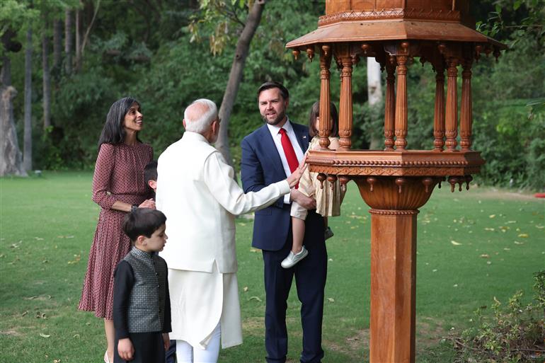 PM welcomes the Vice President of the United States, Mr. JD Vance, Second Lady Usha Vance and their children at his residence, in 7 Lok Kalyan Marg, New Delhi on April 21, 2025.