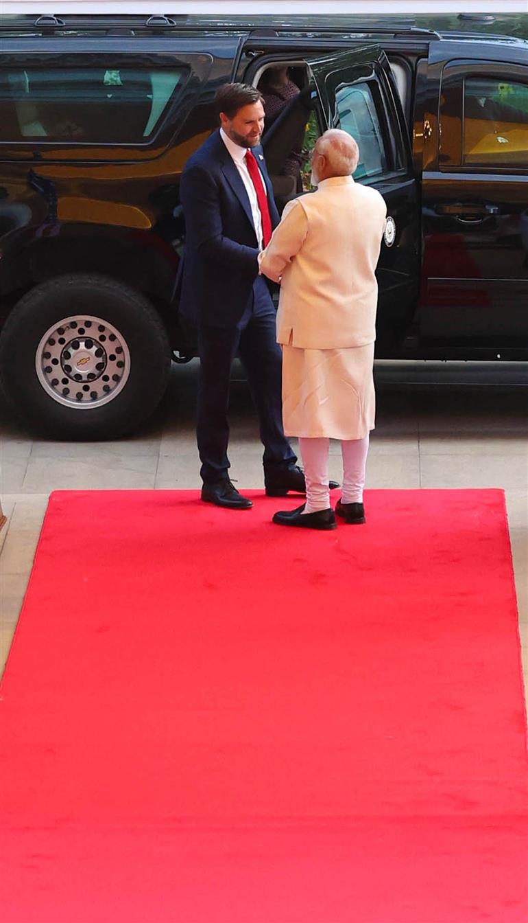 PM welcomes the Vice President of the United States, Mr. JD Vance, Second Lady Usha Vance and their children at his residence, in 7 Lok Kalyan Marg, New Delhi on April 21, 2025.