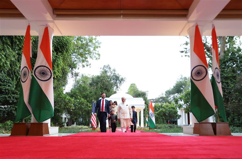 PM welcomes the Vice President of the United States, Mr. JD Vance, Second Lady Usha Vance and their children at his residence, in 7 Lok Kalyan Marg, New Delhi on April 21, 2025.
