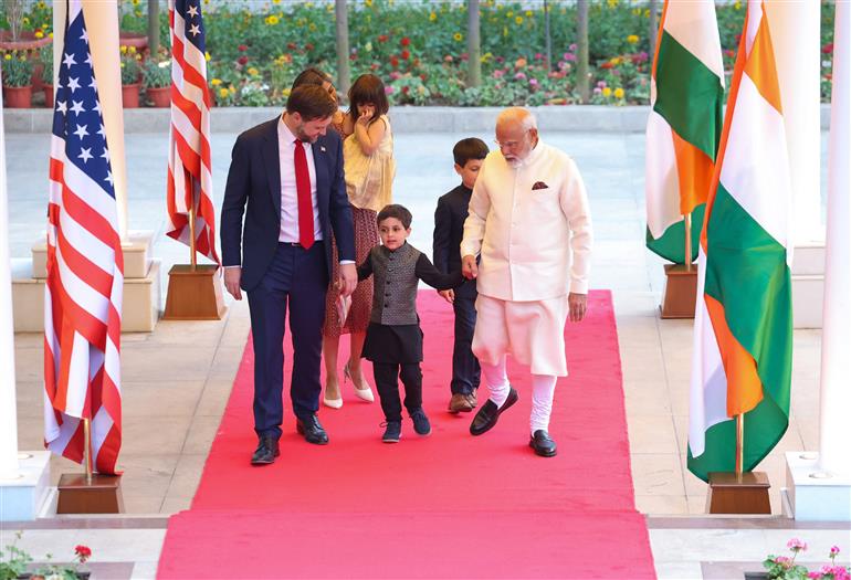 PM welcomes the Vice President of the United States, Mr. JD Vance, Second Lady Usha Vance and their children at his residence, in 7 Lok Kalyan Marg, New Delhi on April 21, 2025.