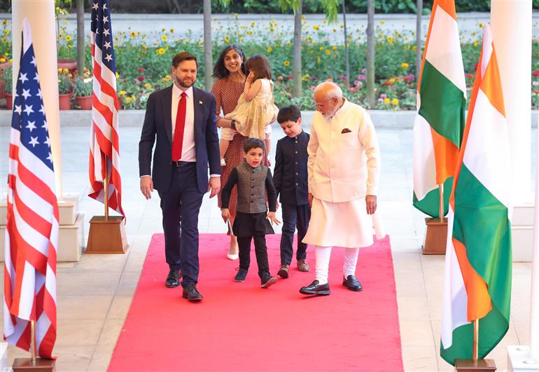 PM welcomes the Vice President of the United States, Mr. JD Vance, Second Lady Usha Vance and their children at his residence, in 7 Lok Kalyan Marg, New Delhi on April 21, 2025.