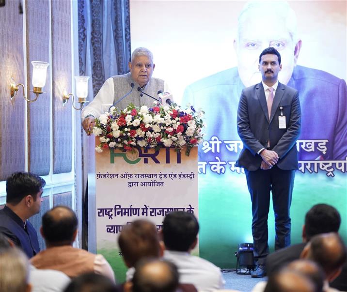 The Vice President of India, Shri Jagdeep Dhankhar addressing the members of the Federation of Rajasthan Trade and Industry (FORTI) in Jaipur, Rajasthan on April 21, 2025.