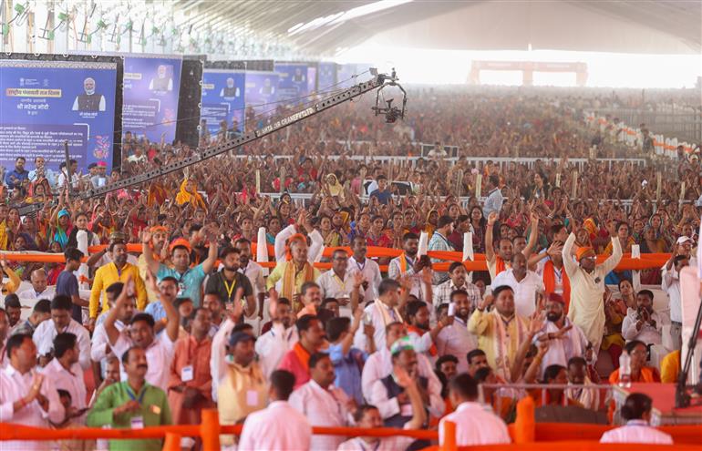 Gathering at the inauguration, laying the foundation stone and dedication to the nation multiple development projects at Madhubani, in Bihar on April 24, 2025. PM addressing on the occasion.