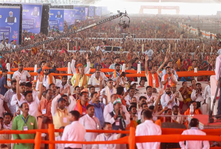 Gathering at the inauguration, laying the foundation stone and dedication to the nation multiple development projects at Madhubani, in Bihar on April 24, 2025. PM addressing on the occasion.