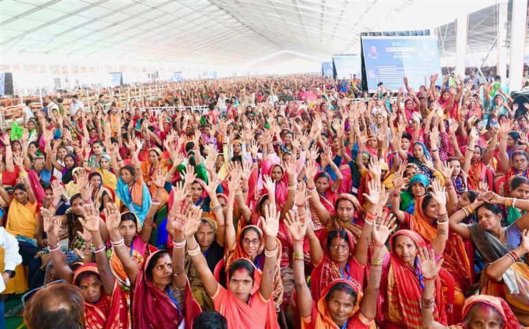 Gathering at the inauguration, laying the foundation stone and dedication to the nation multiple development projects at Madhubani, in Bihar on April 24, 2025. PM addressing on the occasion.
