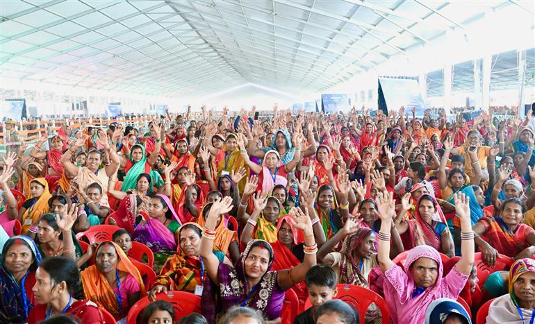 Gathering at the inauguration, laying the foundation stone and dedication to the nation multiple development projects at Madhubani, in Bihar on April 24, 2025. PM addressing on the occasion.