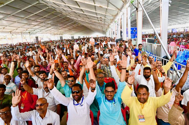 Gathering at the inauguration, laying the foundation stone and dedication to the nation multiple development projects at Madhubani, in Bihar on April 24, 2025. PM addressing on the occasion.