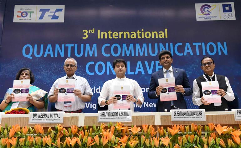 The Union Minister of Communications and Development of North Eastern Region (DoNER), Shri Jyotiraditya M. Scindia attends the 3rd International Quantum Communication Conclave organized by the Telecommunication Engineering Centre (TEC) in collaboration with C-DOT at Vigyan Bhawan, in New Delhi on April 25, 2025. The Minister of State for Rural Development and Communications, Dr. Chandra Sekhar Pemmasani is also seen.