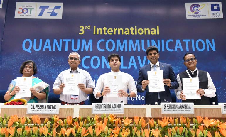 The Union Minister of Communications and Development of North Eastern Region (DoNER), Shri Jyotiraditya M. Scindia attends the 3rd International Quantum Communication Conclave organized by the Telecommunication Engineering Centre (TEC) in collaboration with C-DOT at Vigyan Bhawan, in New Delhi on April 25, 2025. The Minister of State for Rural Development and Communications, Dr. Chandra Sekhar Pemmasani is also seen.