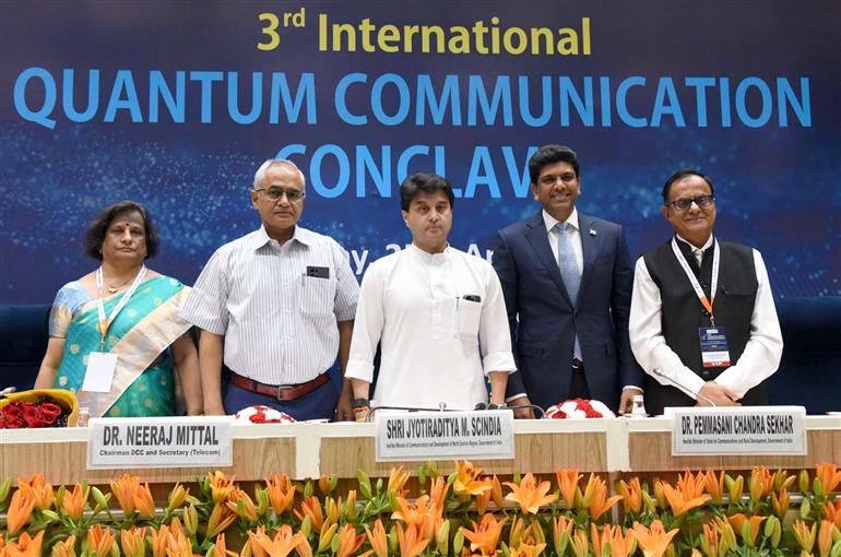 The Union Minister of Communications and Development of North Eastern Region (DoNER), Shri Jyotiraditya M. Scindia attends the 3rd International Quantum Communication Conclave organized by the Telecommunication Engineering Centre (TEC) in collaboration with C-DOT at Vigyan Bhawan, in New Delhi on April 25, 2025. The Minister of State for Rural Development and Communications, Dr. Chandra Sekhar Pemmasani is also seen.