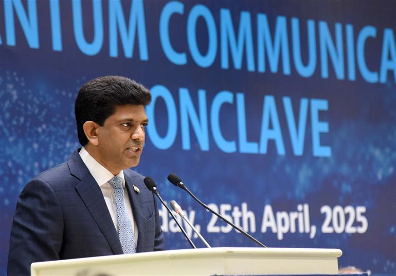 The Minister of State for Rural Development and Communications, Dr. Chandra Sekhar Pemmasani addressing at the 3rd International Quantum Communication Conclave organized by the Telecommunication Engineering Centre (TEC) in collaboration with C-DOT at Vigyan Bhawan, in New Delhi on April 25, 2025.