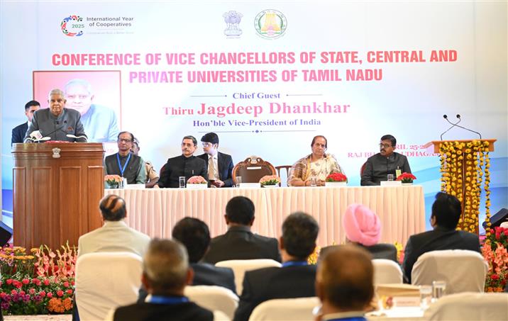 The Vice President of India, Shri Jagdeep Dhankhar addressing the Inaugural Session of the Conference of Vice-Chancellors of State, Central and Private Universities of Tamil Nadu at Raj Bhavan in Udhagamandalam, Tamil Nadu on April 25, 2025.