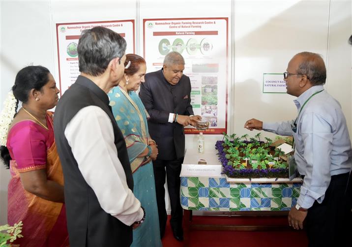 The Vice President of India, Shri Jagdeep Dhankhar visiting an exhibition on the premises of the Tamil Nadu Agricultural University, in Coimbatore, Tamil Nadu on April 27, 2025.